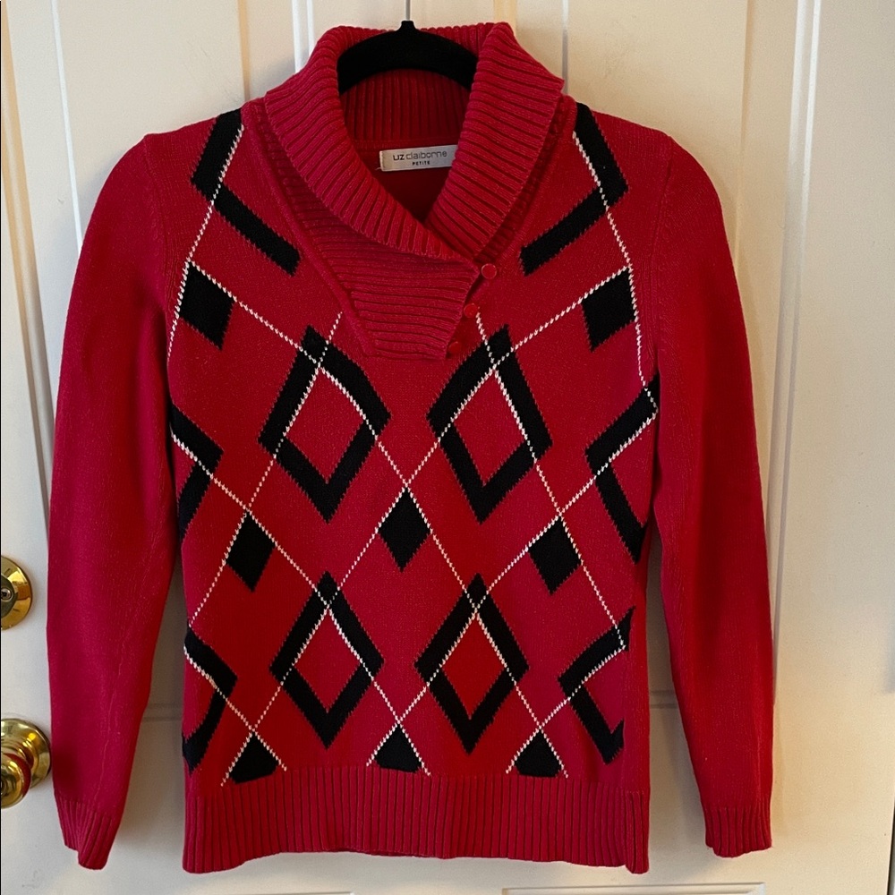 Liz Claiborne Red and Black Argyle Cowl Neck Sweater Size PS
